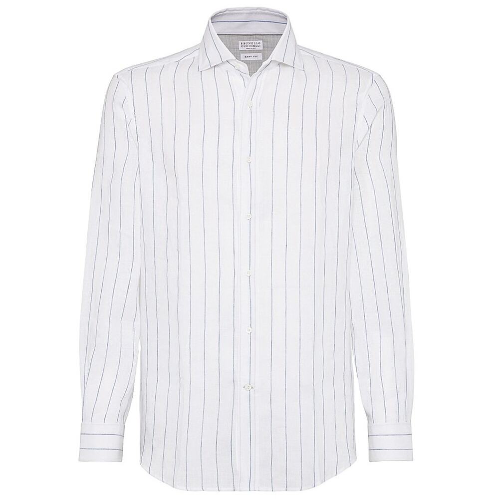 Brunello Cucinelli Linen Periwinkle Chalk Stripe Easy Fit Shirt Size XXL